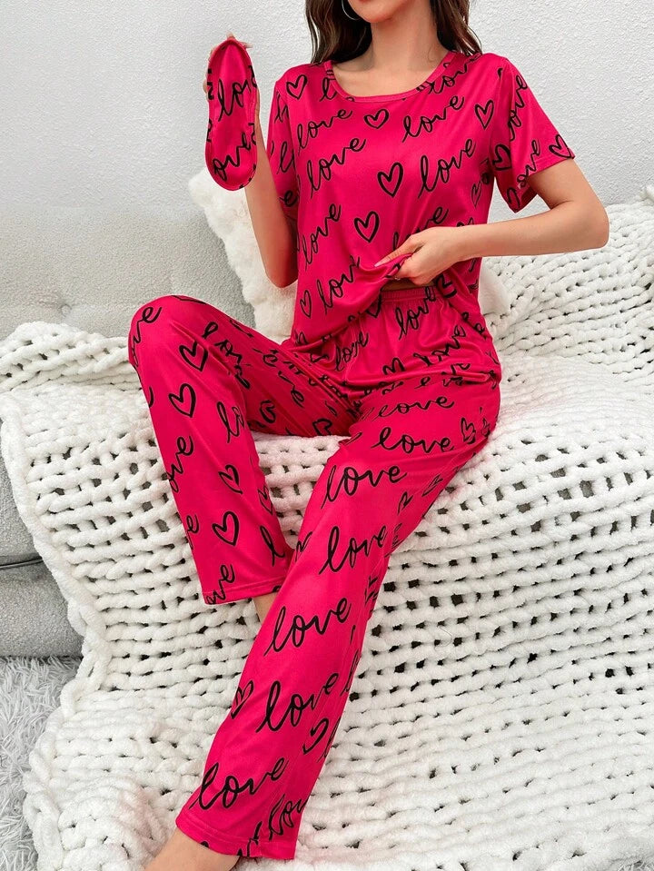 Atishi Pink Love Heart PJs Set T-SHIRT
