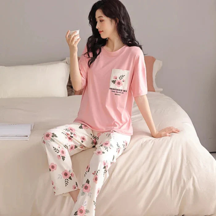 Pink Sun Flower PJs Set T-SHIRT