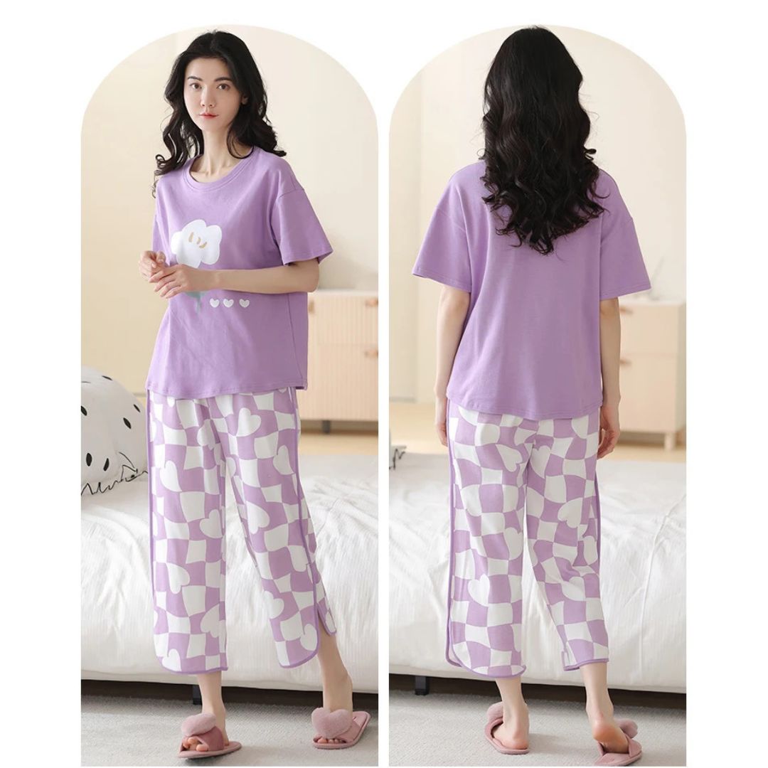 Purple Flower PJs Set T-SHIRT