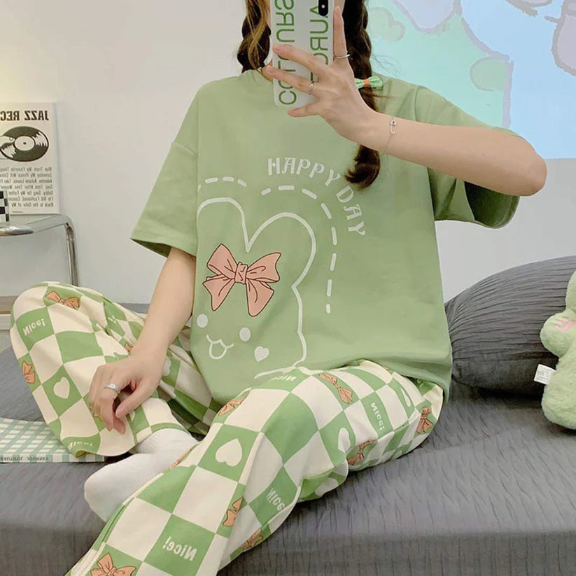 Olive Green Printed Night Suit T-SHIRT