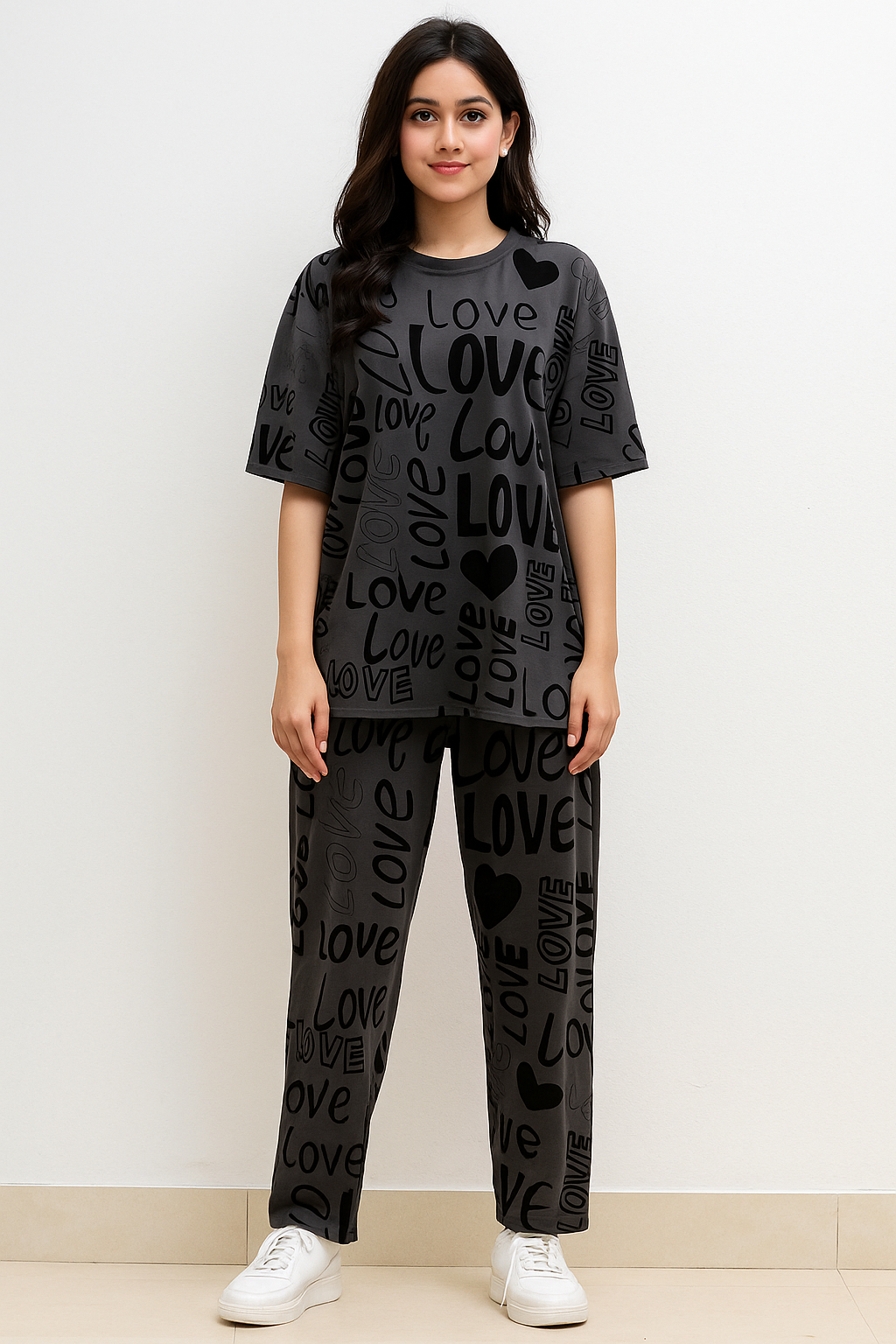 Charcoal Drop Shoulder Love PJs Set T-SHIRT