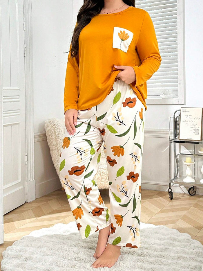 Yellow Flower Pocket Printed Night Suits T-SHIRT