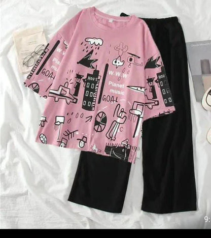 Pink Planet Music With Black PJs SET T-SHIRT
