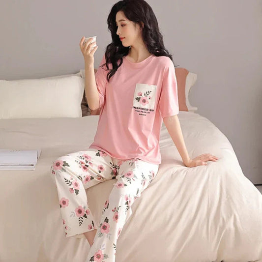 Pink Sun Flower PJs Set T-SHIRT