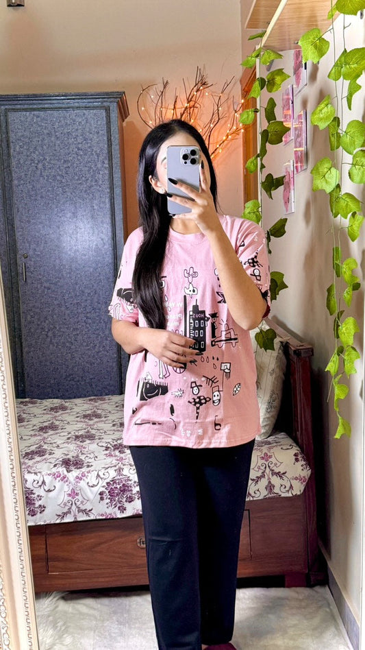 Pink Planet Music With Black PJs SET T-SHIRT