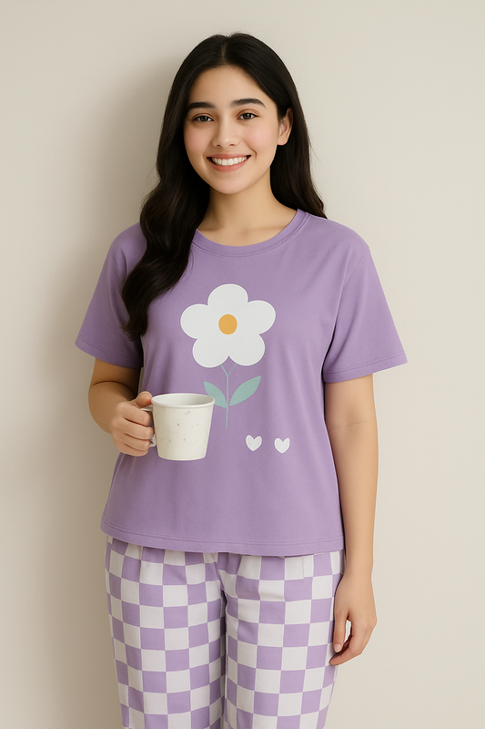 Purple Flower PJs Set T-SHIRT