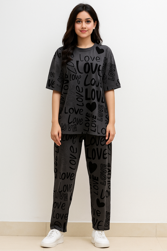 Charcoal Drop Shoulder Love PJs Set T-SHIRT