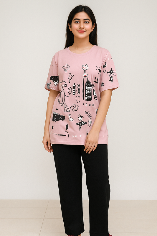 Pink Planet Music With Black PJs SET T-SHIRT