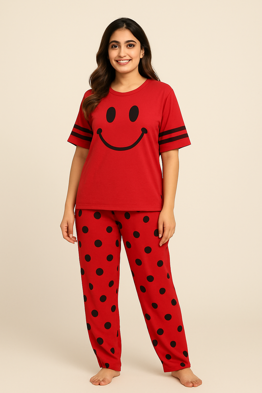 Red Smiley Full Sleeves Printed Pajama Night Suit T-SHIRT