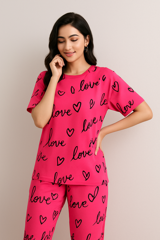 Atishi Pink Love Heart PJs Set T-SHIRT