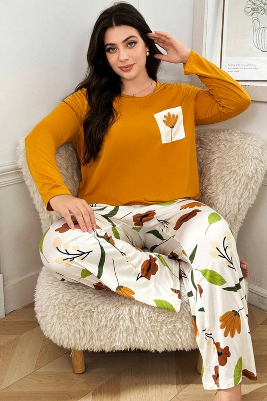 Yellow Flower Pocket Printed Night Suits T-SHIRT