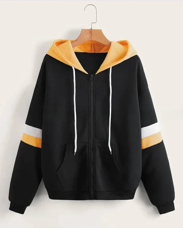 Black with Yellow and White Stripes Zipper Hoodie