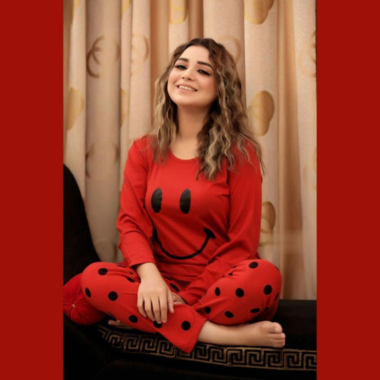 Red Smiley Full Sleeves Printed Pajama Night Suit T-SHIRT