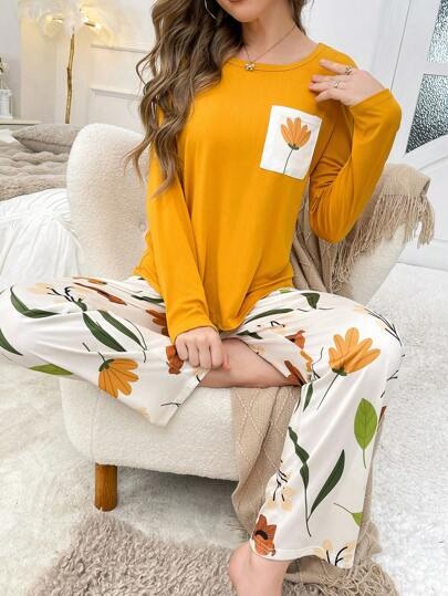 Yellow Flower Pocket Printed Night Suits T-SHIRT