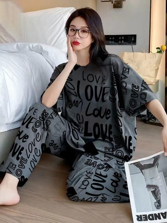 Charcoal Drop Shoulder Love PJs Set T-SHIRT