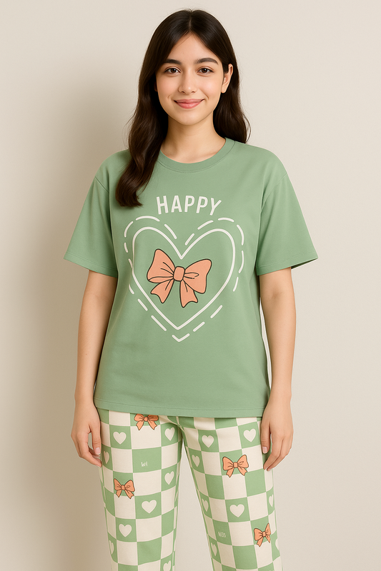 Olive Green Printed Night Suit T-SHIRT