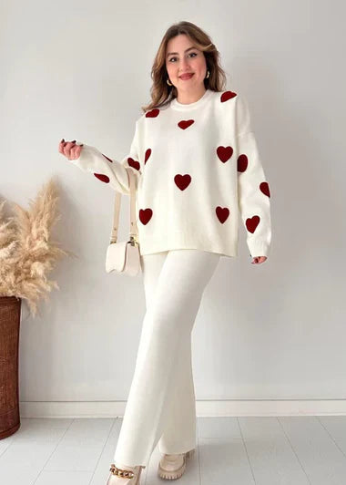 White with Red Heart Printed Fleece Co-ords Set